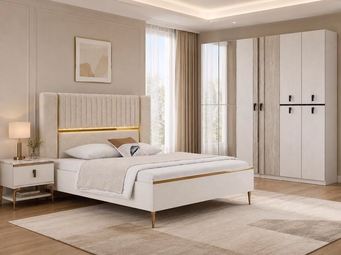 Set per camera da letto composto da: letto, 2 comodini e un armadio elegante e lussuoso