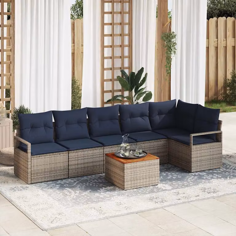 Set Divano da Giardino vidaXL 7 pz a Forma a L con Tavolino, Colore Grigio e Blu, Struttura in Metallo e Polyrattan con Cuscini Inclusi