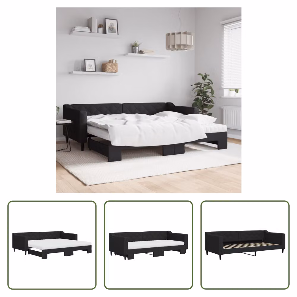 The Living Store Lettino allungabile con materassi nero 90x200 cm in tessuto