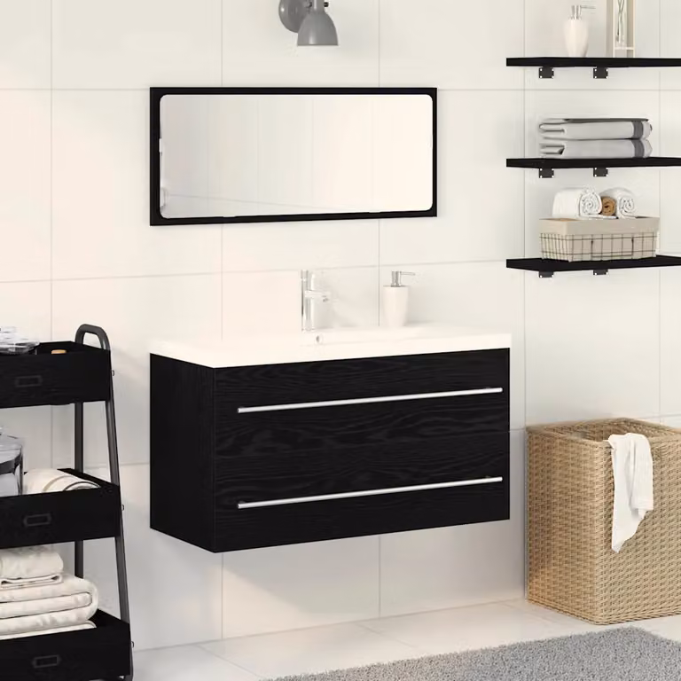 Set di 3 mobili da bagno moderni vidaXL in legno e metallo nero opaco, comprensivo di mobile lavabo e armadietto specchio, L 90 x P 38,5 x H 48 cm
