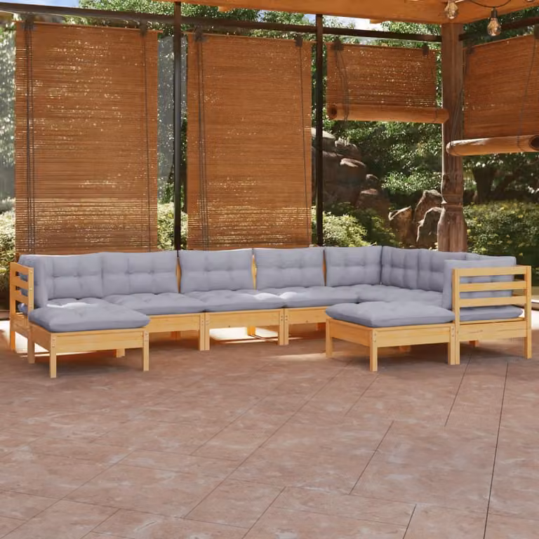 The Living Store Set da 9 pezzi per salotto da giardino con cuscini grigi in legno di pino massiccio