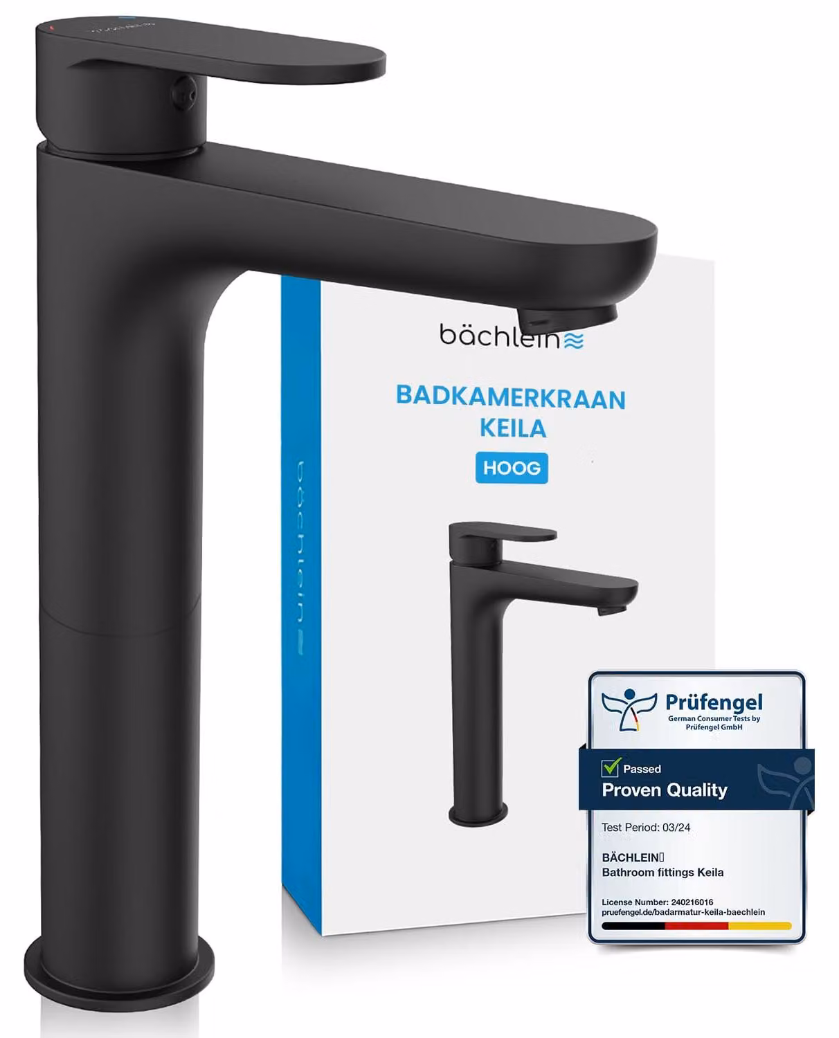 Miscelatore monocomando alto, lavabo da appoggio, colore nero opaco, 50 cm di tubi flessibili