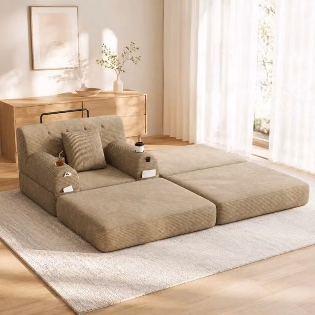Poltrona letto singola MIVRAY in velluto beige e verde con struttura in metallo e schienale alto per il tuo relax in soggiorno