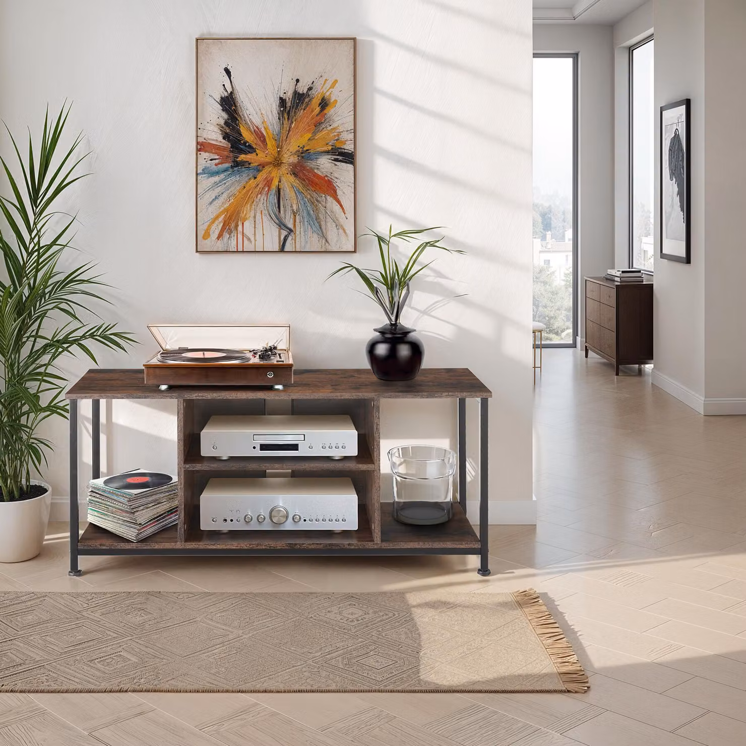 Mobile basso industriale da TV TecTake GmbH in legno e metallo marrone, L: 110 cm, P: 40 cm, H: 50,5 cm – 2