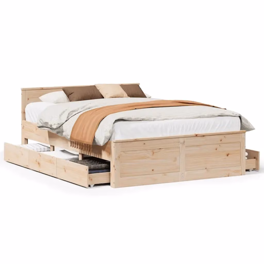Letto con testata in legno massello di pino vidaXL, colore beige, L/P/H: 150 x 200 x 154,5 cm – 2