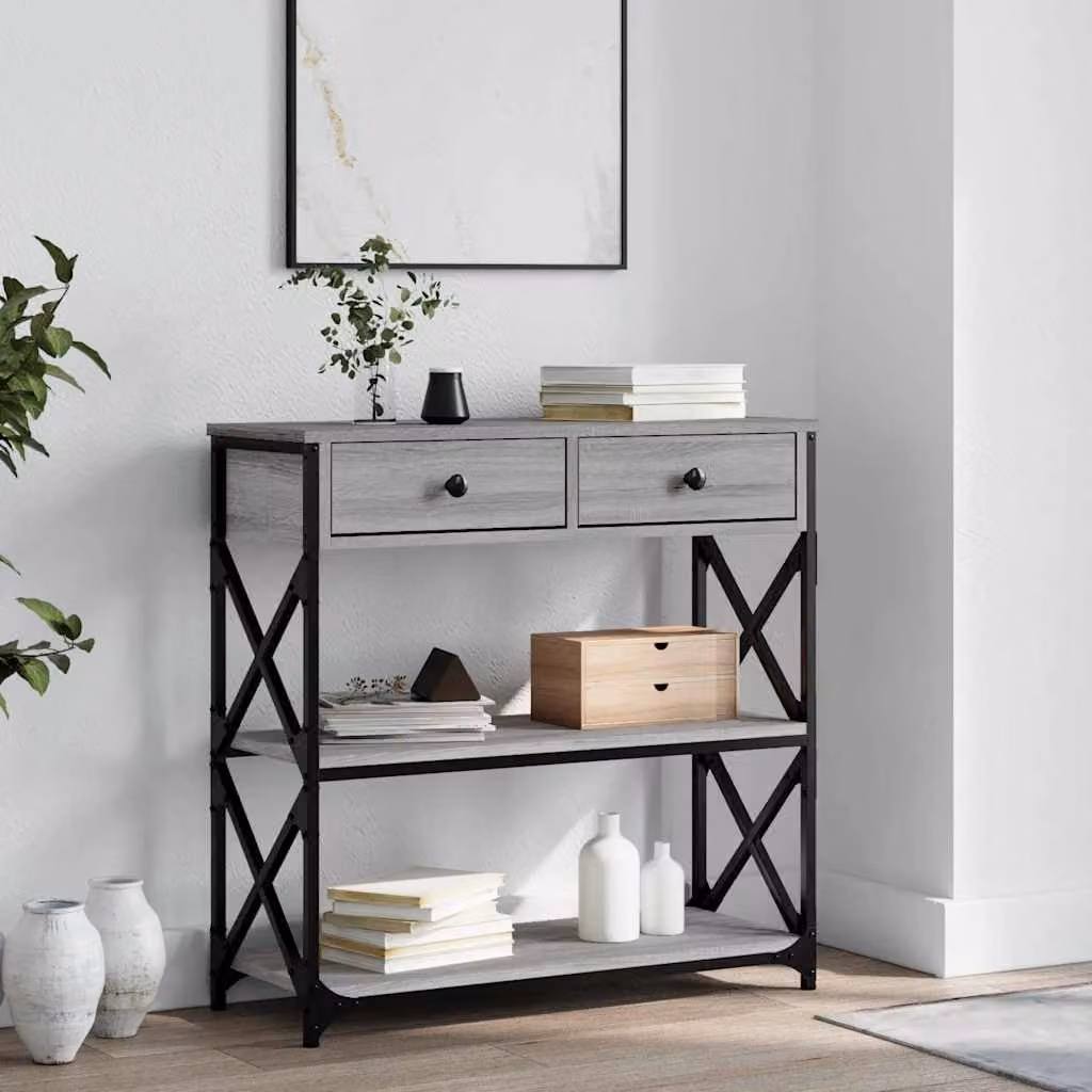 vidaXL Tavolino Consolle in Stile Industrial Grigio con Struttura in Metallo e Legno L/P/H: 75 x 28 x 75 cm