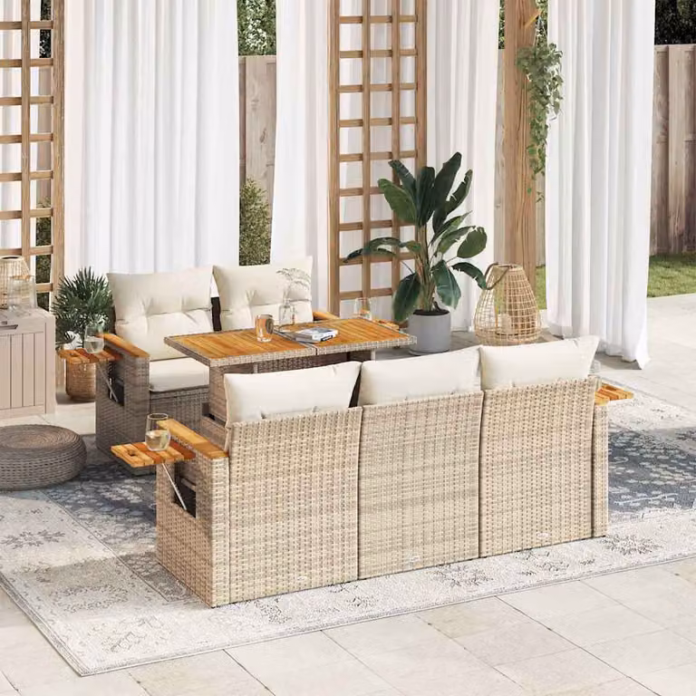 Set Divano da Giardino vidaXL 6 pz in Polyrattan e Legno di Acacia con Cuscini Beige e Tavolino, Design Moderno a L per Terrazza e Giardino