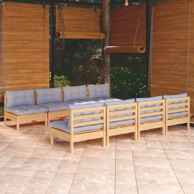 Set Divani da Giardino 9 pz con Cuscini Grigi Massello di Pino 3096141
