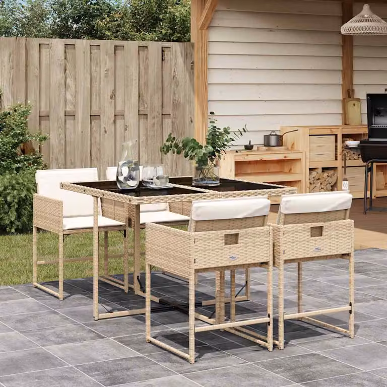Set da Pranzo da Giardino vidaXL in Polyrattan con Cuscini Beige e Tavolo in Vetro, 5 Pezzi