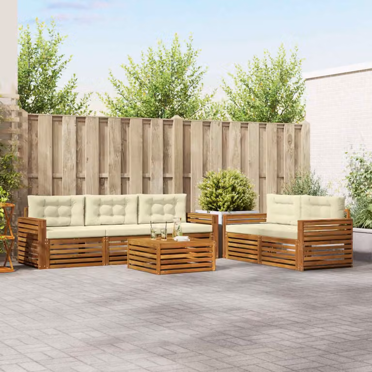 Set di divani da esterno vidaXL 6 pezzi in legno di acacia con tavolino e cuscini, colore beige e bianco