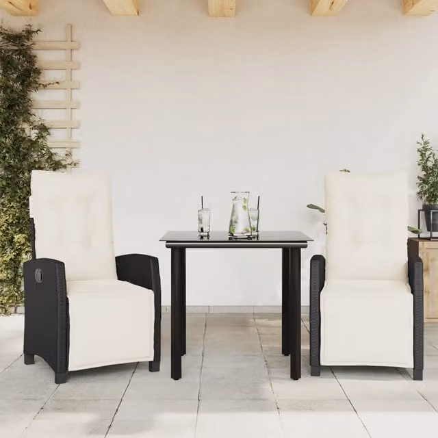 Set da Pranzo da Giardino 3 pz con Cuscini Nero in Polyrattan 3212953