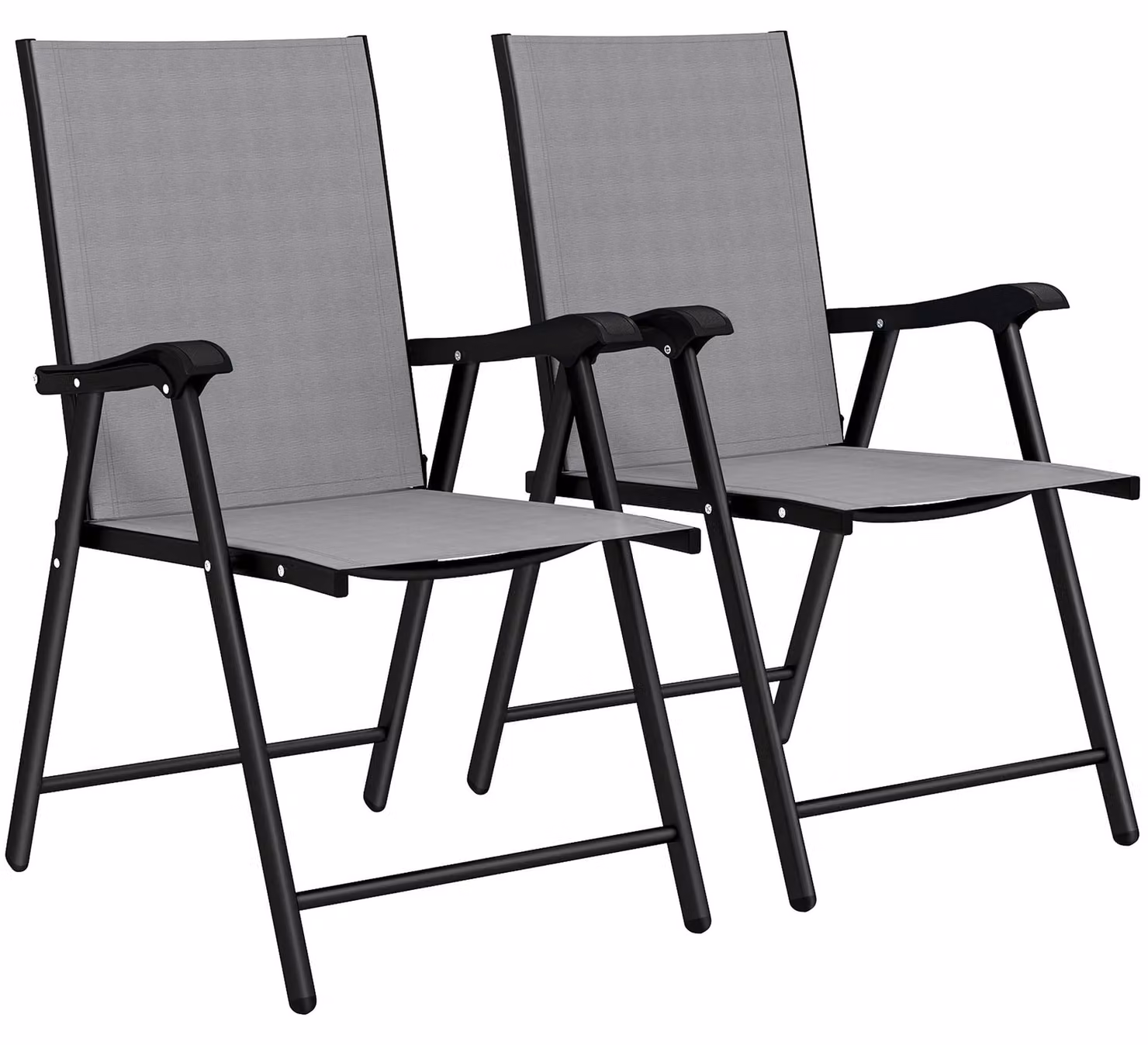 Set di 2 Sedie 58x62x97 cm Pieghevoli con Schienale Alto e Braccioli in Acciaio e Tessuto Grigio Chiaro