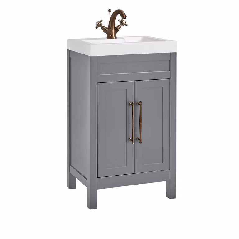 Mobile Bagno Grigio Chiaro da 500mm con Lavabo e Maniglia Classica con Barra a T in in Rame Satinato - Warwick