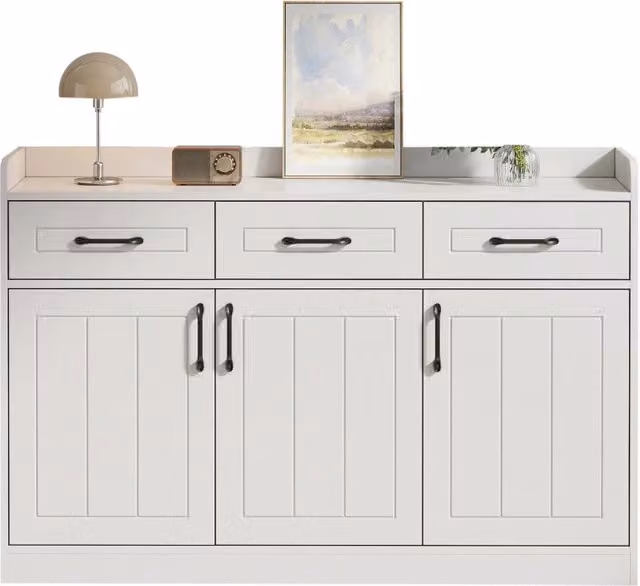 Credenza Bianca 120 cm con 3 Cassetti e 3 Ante; Mobile Soggiorno a Strisce Verticali; 120x35x80 cm