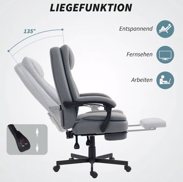 Sedia da ufficio ergonomica grigia con funzione massaggio, schienale reclinabile e poggiapiedi, altezza regolabile