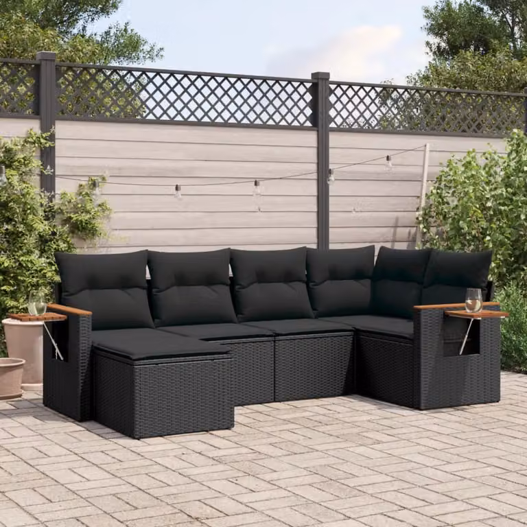 vidaXL Set Divano da Giardino 6 pz a L con Cuscini Nero in Polyrattan e Legno di Acacia