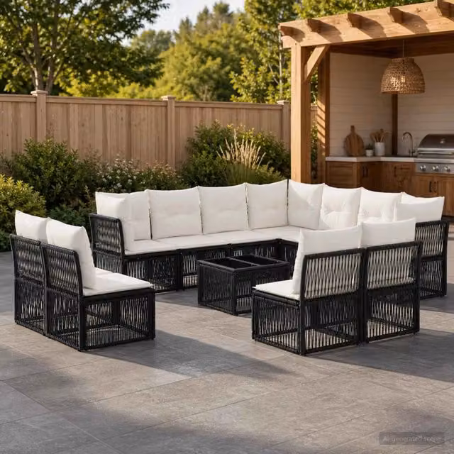 Set Divano da Giardino a L con Tavolino vidaXL, 12 Pezzi in Polyrattan Nero con Cuscini e Struttura in Acciaio – 1