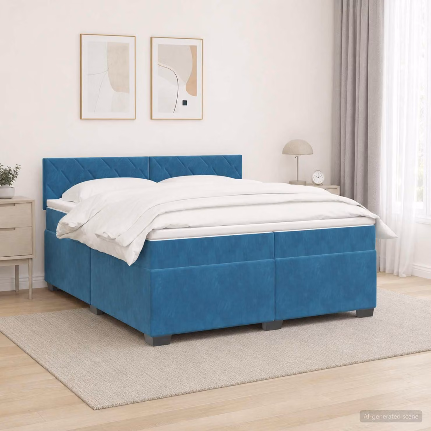 Letto matrimoniale con boxspring, materasso e illuminazione LED blu, dimensioni 200 x 200 cm, rivestito in velluto