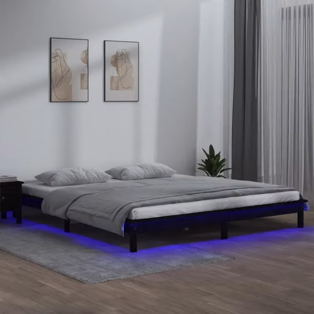 Giroletto vidaXL in legno massello di pino con illuminazione LED e porta USB, Nero, 140 x 190 cm