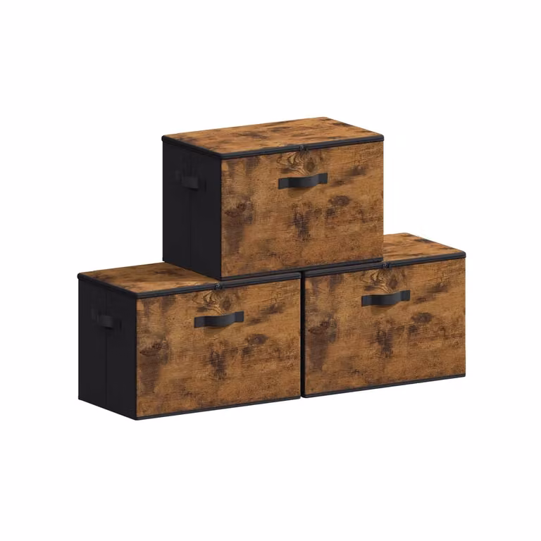 Scatole Portaoggetti con Coperchio Pieghevoli con Maniglie, Marrone Vintage / Set di 3 (50L x 30l x 30H cm)