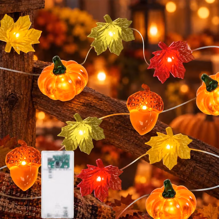 Catena luminosa autunnale, 2 metri, 20 LED, con decorazioni a forma di zucca, foglia d'acero e ghianda