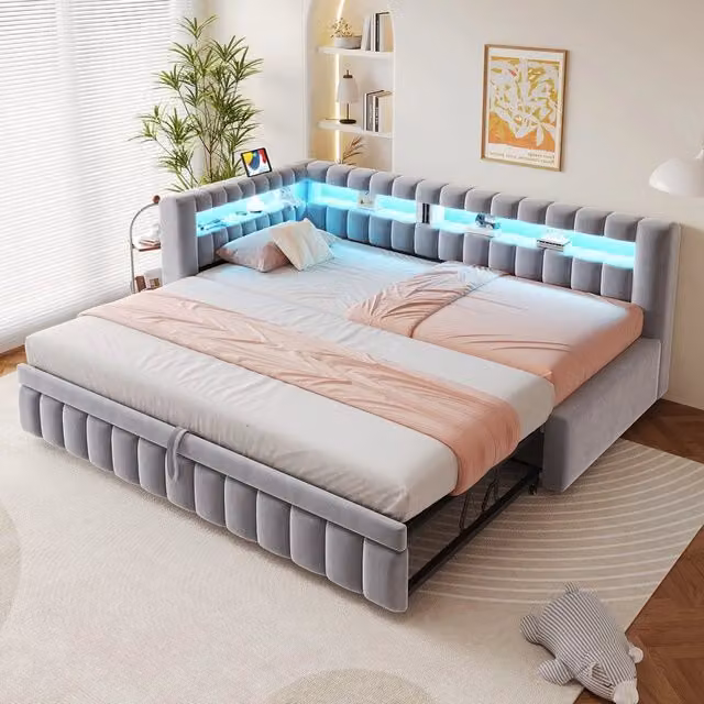 Letto imbottito con LED ¨C Minimal ¨C velluto grigio chiaro 90x200cm con testiera e porta USB