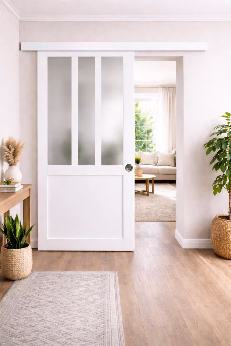 Porta scorrevole da officina bianca con vetro opacizzato H204 x L83 cm, binario in alluminio bianco, conchiglie grandi per GD MENUISERIES