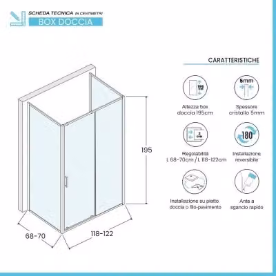 Box doccia Tay a 3 lati con porta scorrevole, colore nero opaco e vetro trasparente, L: 120 cm, P: 70 cm, H: 195 cm – 2