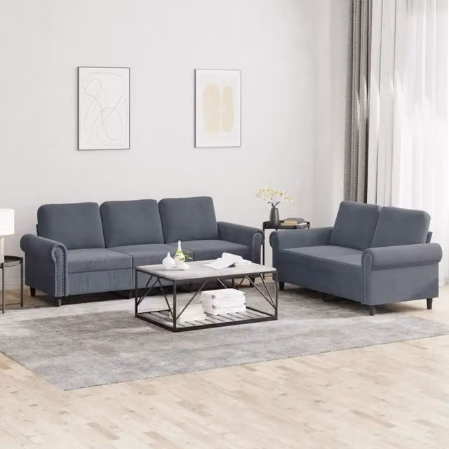 Set di divani vidaXL in velluto grigio composto da un divano a 2 posti e un divano a 3 posti con cuscini coordinati e braccioli per il tuo soggiorno moderno – 1