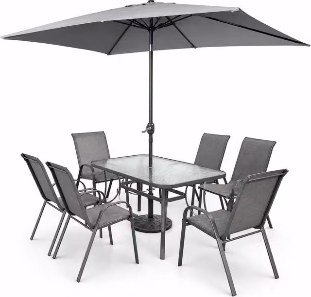 Set Da Esterno Giardino Con Tavolo In Vetro Temperato 6 Sedie E Ombrellone Rettangolare 2 X 3 Metri Per Terrazza Patio Piscina E Pranzi All' Aperto Arredo Outdoor 150 X 90 X 71 Cm Grigio