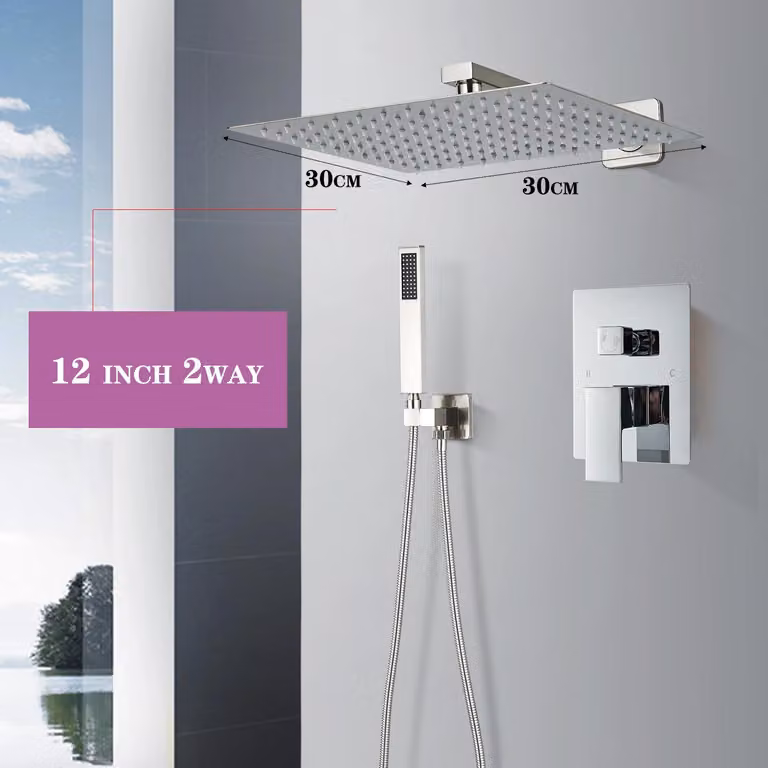 Set doccia da incasso – soffione a pioggia con scarico per vasca – deviatore a 2 vie – soffione da 30 cm – miscelatore monocomando con controllo acqua calda/fredda – montaggio a parete, finitura cromata lucida