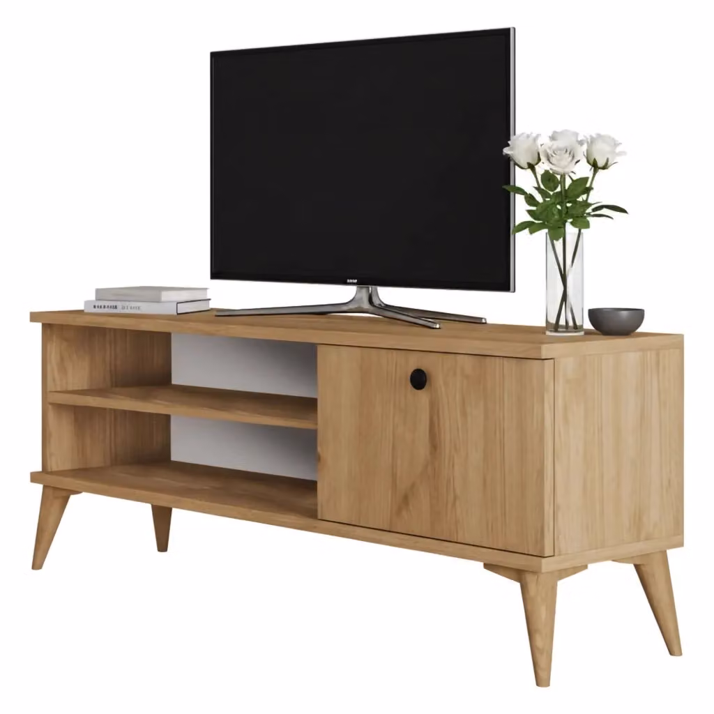 Mobile porta TV Muqdisho DMORA in legno color quercia marrone con un ripiano, L 120 cm x P 30 cm x H 45 cm – 2