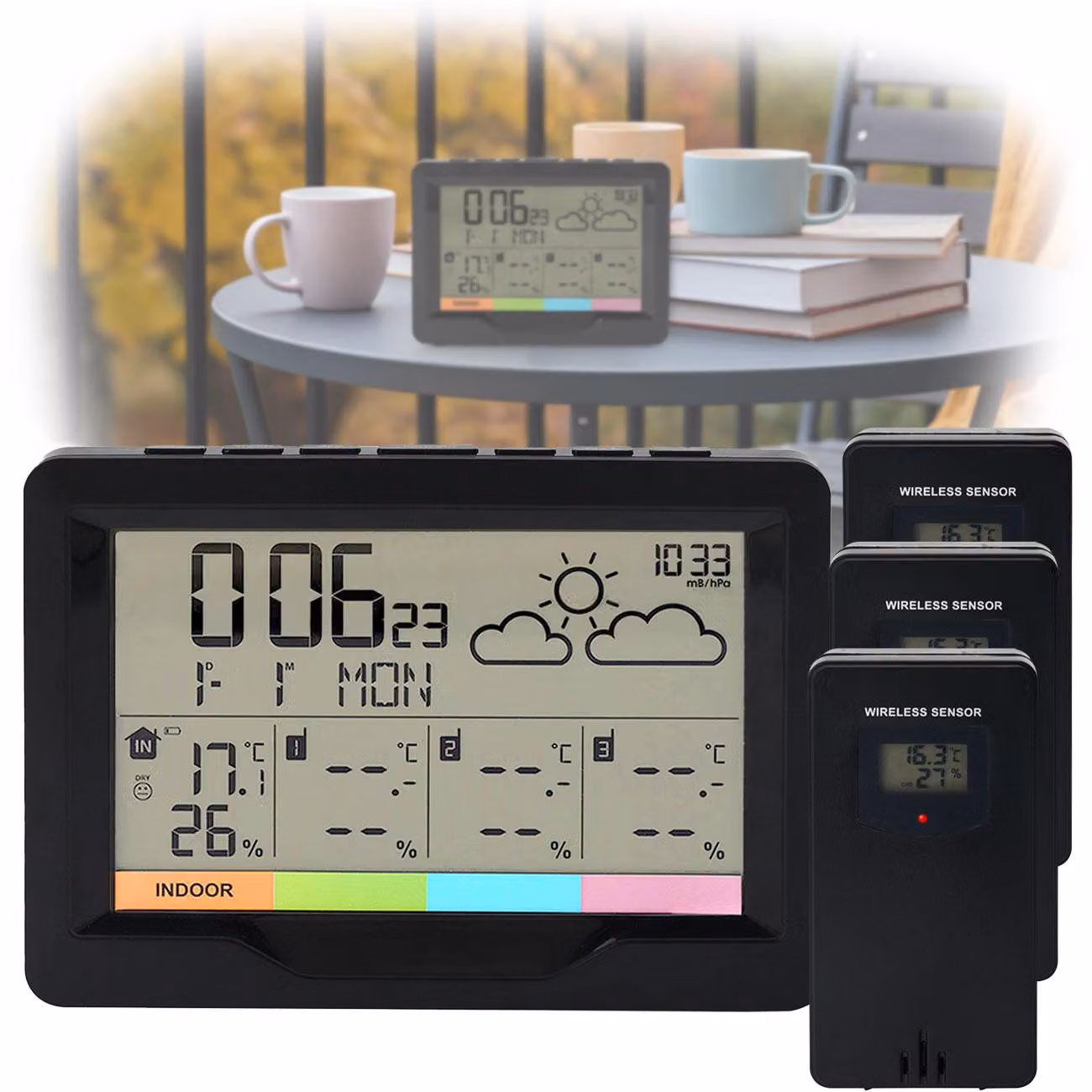 Stazione meteorologica wireless professionale con 3 sensori esterni - Tieni sotto controllo 4 zone per una visione d'insieme e un controllo ottimali - con sveglia wireless e display XL