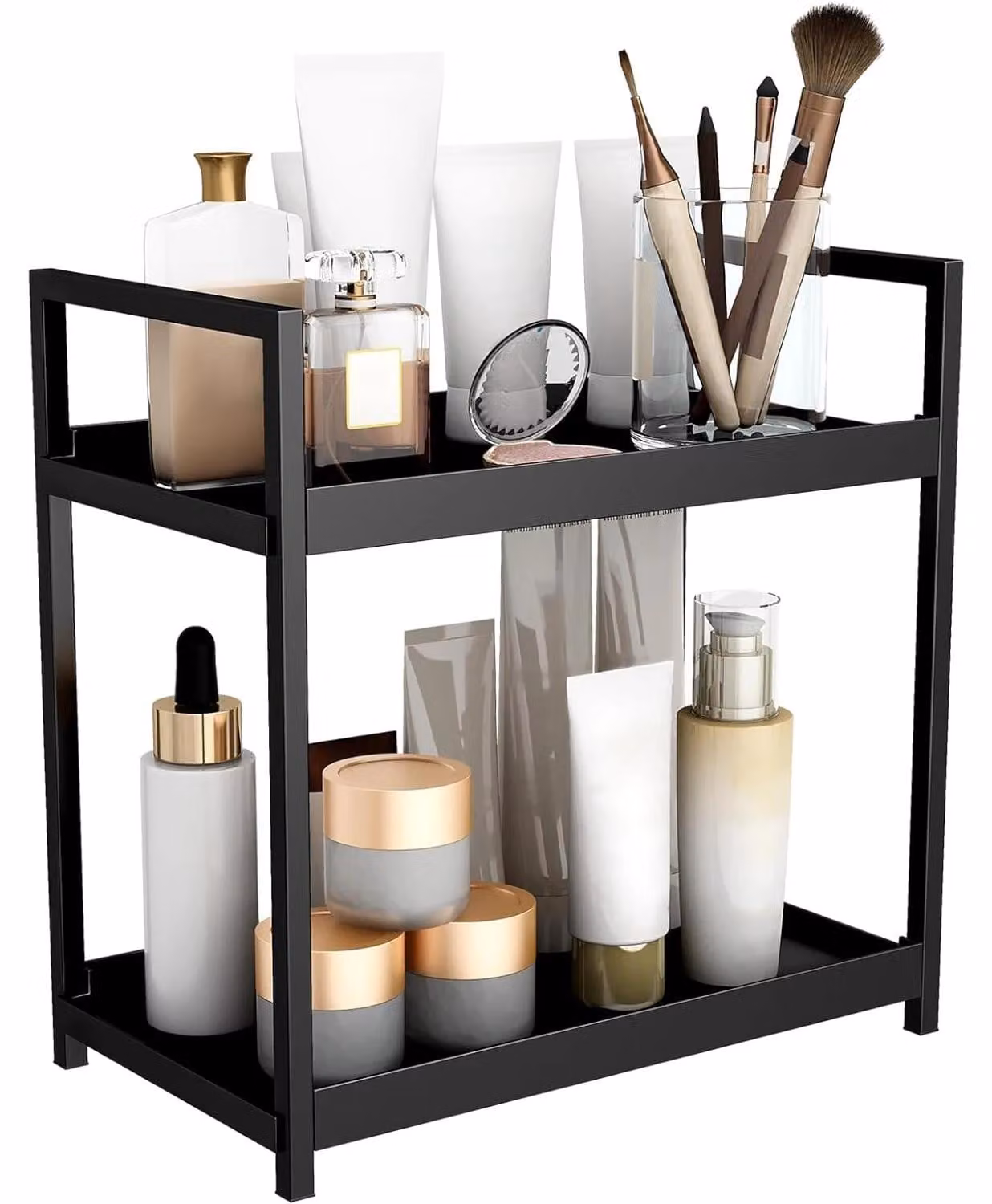 Organizzazione della cucina: scaffale metallico a 2 piani, in ferro, da utilizzare sul piano di lavoro, autoportante, versatile, ideale per spezie, cosmetici e articoli da bagno