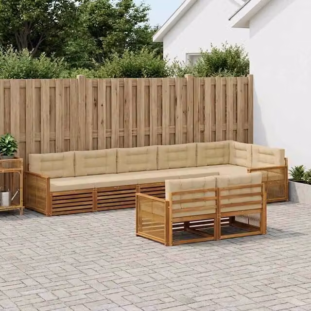 Set di divani da esterno vidaXL a forma di L in legno di acacia, 8 pezzi, Beige e Marrone con cuscini inclusi – 1