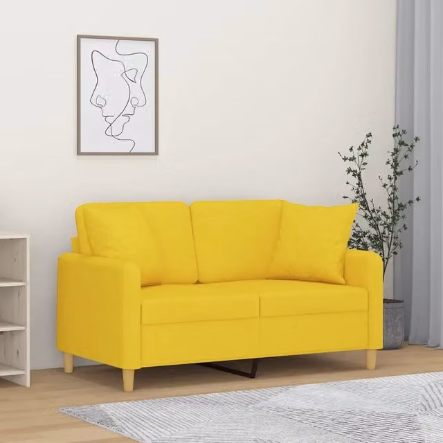 Divano a 2 posti moderno vidaXL in tessuto giallo con cuscini e struttura in metallo L: 138 cm, P: 80 cm, H: 77 cm
