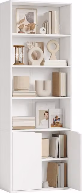 Libreria Moderna HOMCOM con 4 Ripiani e Armadietto a 2 Ante in Legno, Mobile Multiuso Bianco per Soggiorno e Ufficio, L: 59 cm, P: 29 cm, H: 180 cm – 1