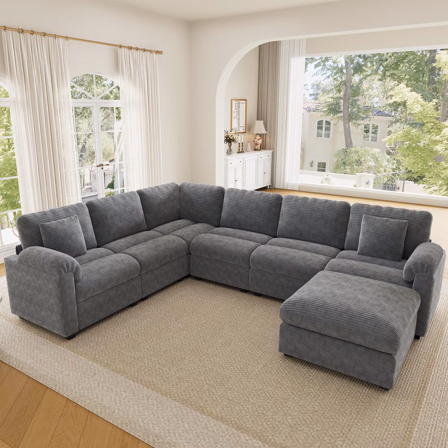 Divano modulare a U Merax XXL, divano ad angolo a L con pouf, salotto a 7 posti, divano in velluto a coste con cuscini, grande divano per famiglie, divano, grigio