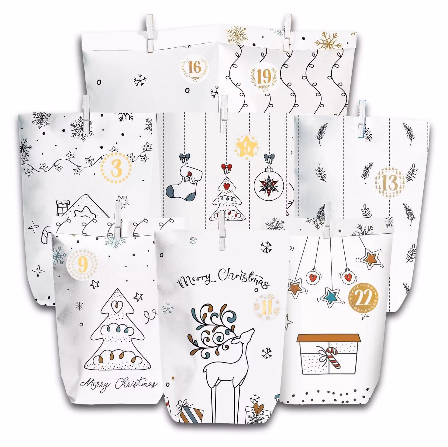 Set per creare un calendario dell'Avvento fai-da-te: 28 sacchetti di carta con adesivi numerati, graffette di legno e corda di iuta
