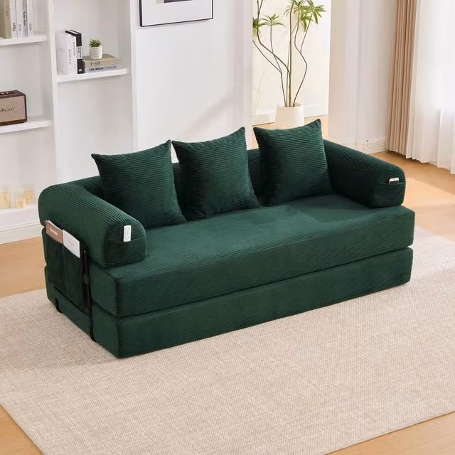 Divano 3 posti imbottito ¨C Minimal ¨C tessuto verde, struttura in metallo, con 3 cuscini