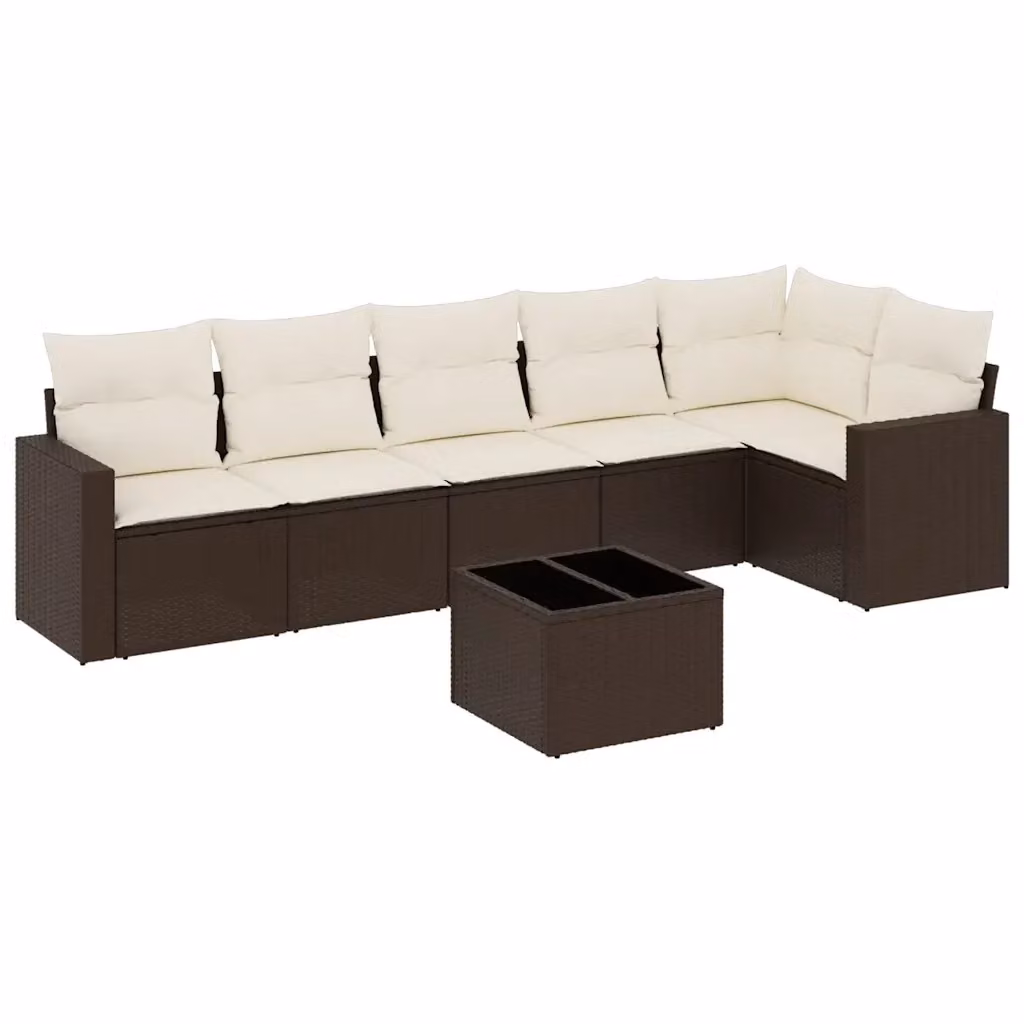 Set di divani da giardino vidaXL 7 pezzi in polyrattan marrone con cuscini e tavolino da esterno a forma di L – 2