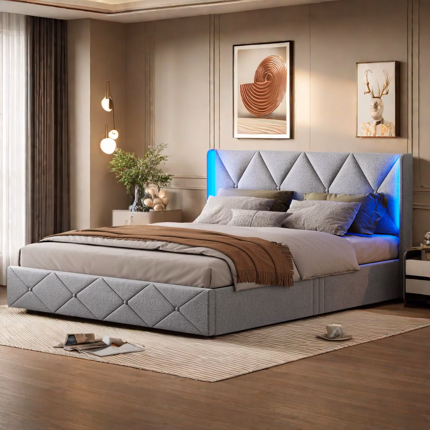 UnboxG Letto imbottito 140x200 cm con rete, illuminazione a LED, rete a doghe e Similcuoio, struttura letto matrimoniale letto per ragazzi, schienale idraulico del letto, grigio