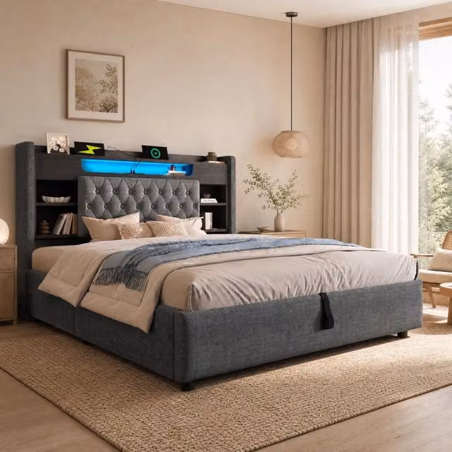 Letto imbottito ULEVR 140x200 cm con contenitore idraulico, LED, USB e Type-C, testiera con ripiani, grigio