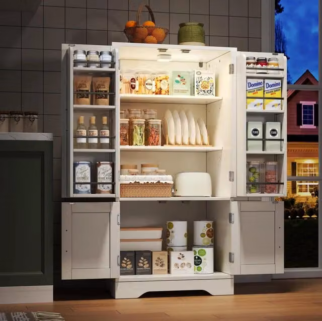 Armadio da cucina 120x60x40 cm in MDF bianco con luce LED a sensore, 4 ante e ripiani regolabili
