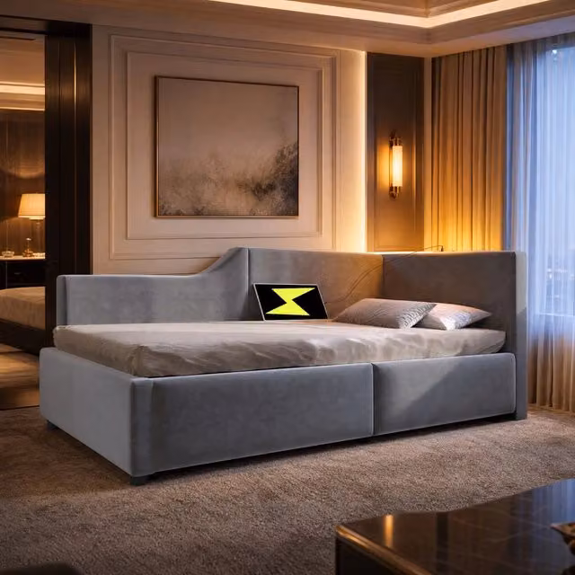 Letto imbottito singolo 90x200 cm in velluto grigio con contenitore idraulico, luce da lettura e ricarica USB-C