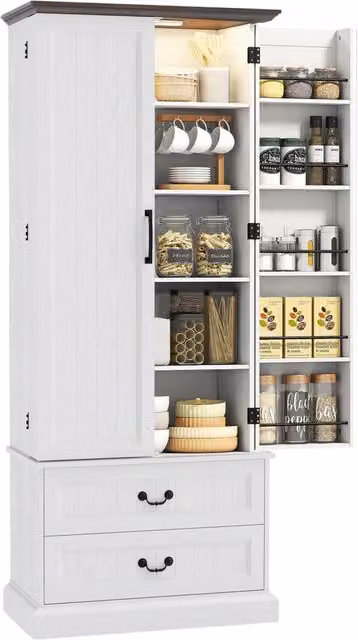 Mobile dispensa da cucina con luce LED a sensore, armadio alto 2 ante e cassetti, ripiani regolabili, 76x39,5x183cm, bianco