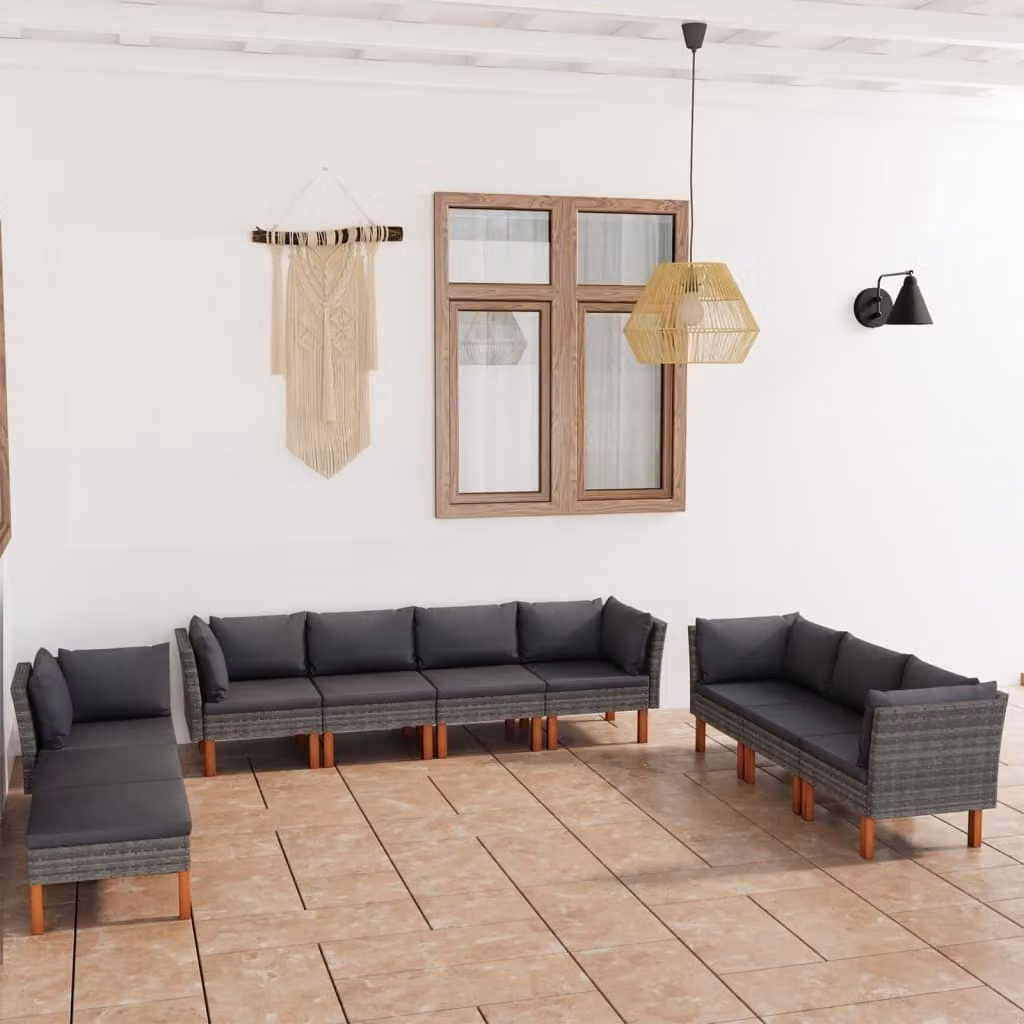 The Living Store Set da giardino da 10 pezzi con cuscini in poly rattan grigio