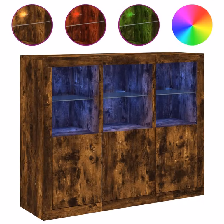 Credenze con Luci LED 3 pz Rovere Fumo in Legno Multistrato