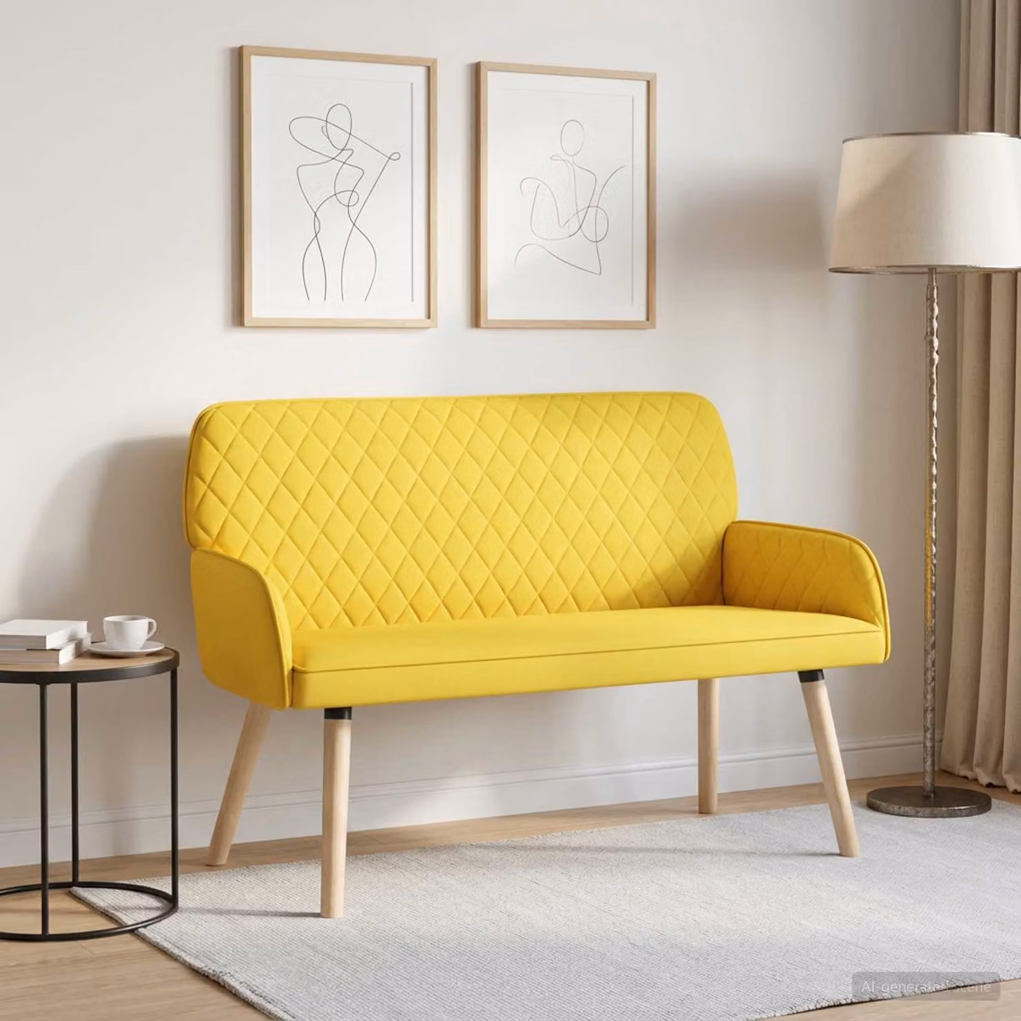 Divano a 2 posti vidaXL moderno in tessuto giallo con gambe in legno e struttura mista per soggiorno o camera da letto L: 115 cm, P: 86 cm, H: 58 cm