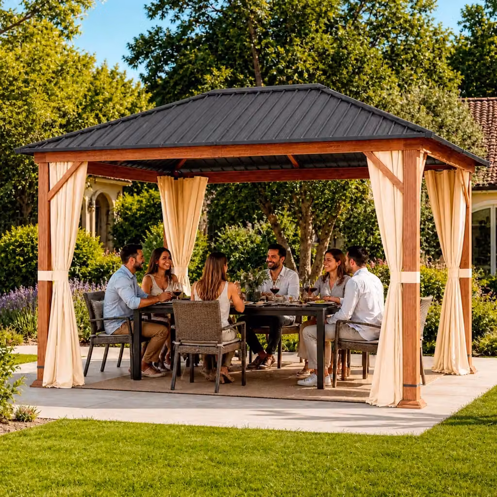 Gazebo da giardino Arreditaly con struttura in acciaio zincato effetto legno, tetto a padiglione impermeabile e tende laterali beige, L 300 x P 400 x H 295 cm – 2